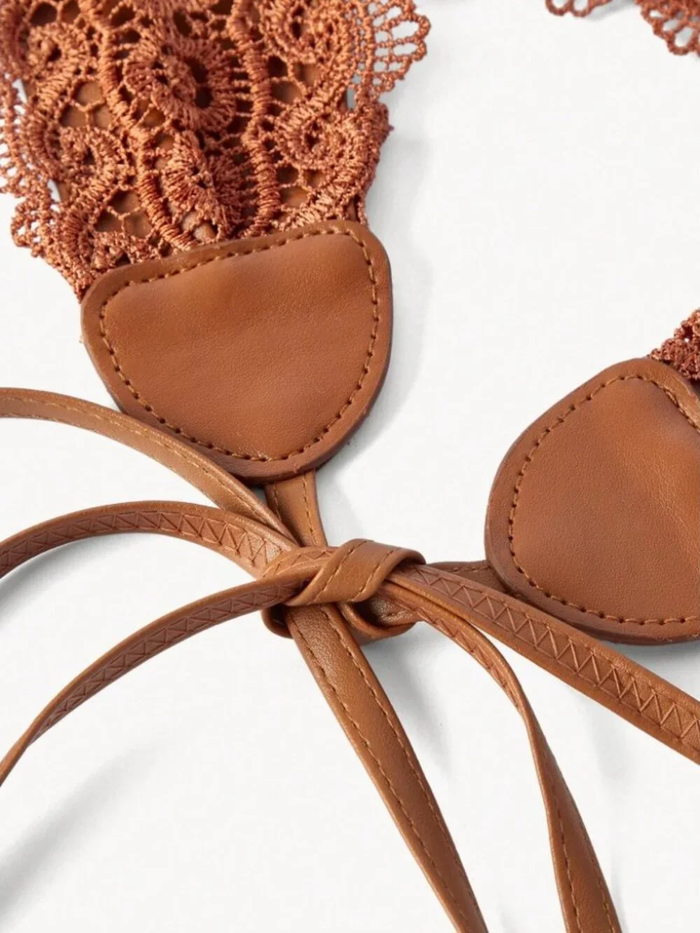 Rust Brown Crochet Lace Waist Belt with Tie Straps